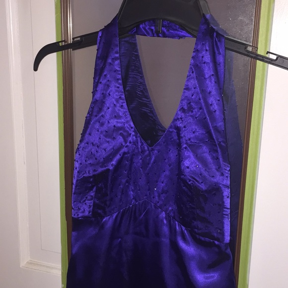 Purple Beaded Satin Floor Length Prom Evening Gown - Picture 2 of 8